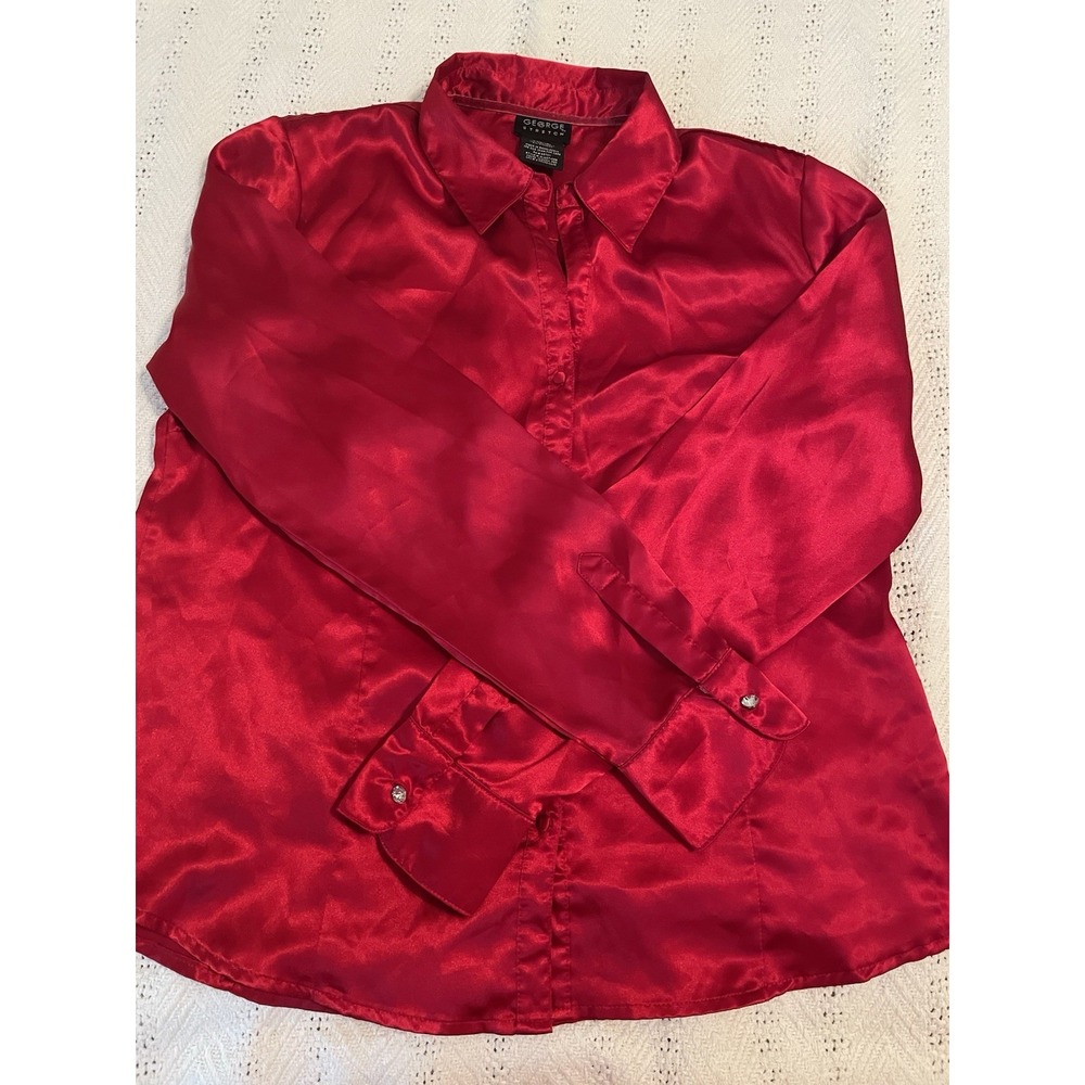 George Blouse Red Satin top Large long sleeves collared Holiday jewel‎ buttons